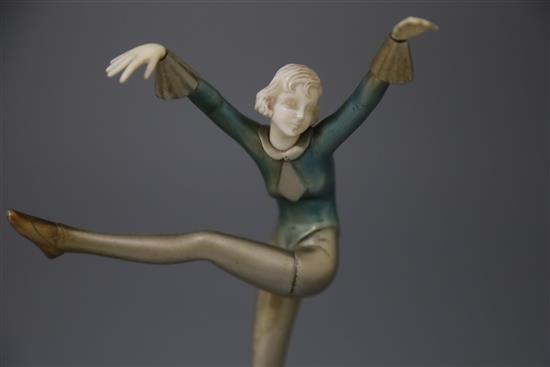 An Art Deco cold painted bronze and ivory figure, by Dakon, H. 27.5cm